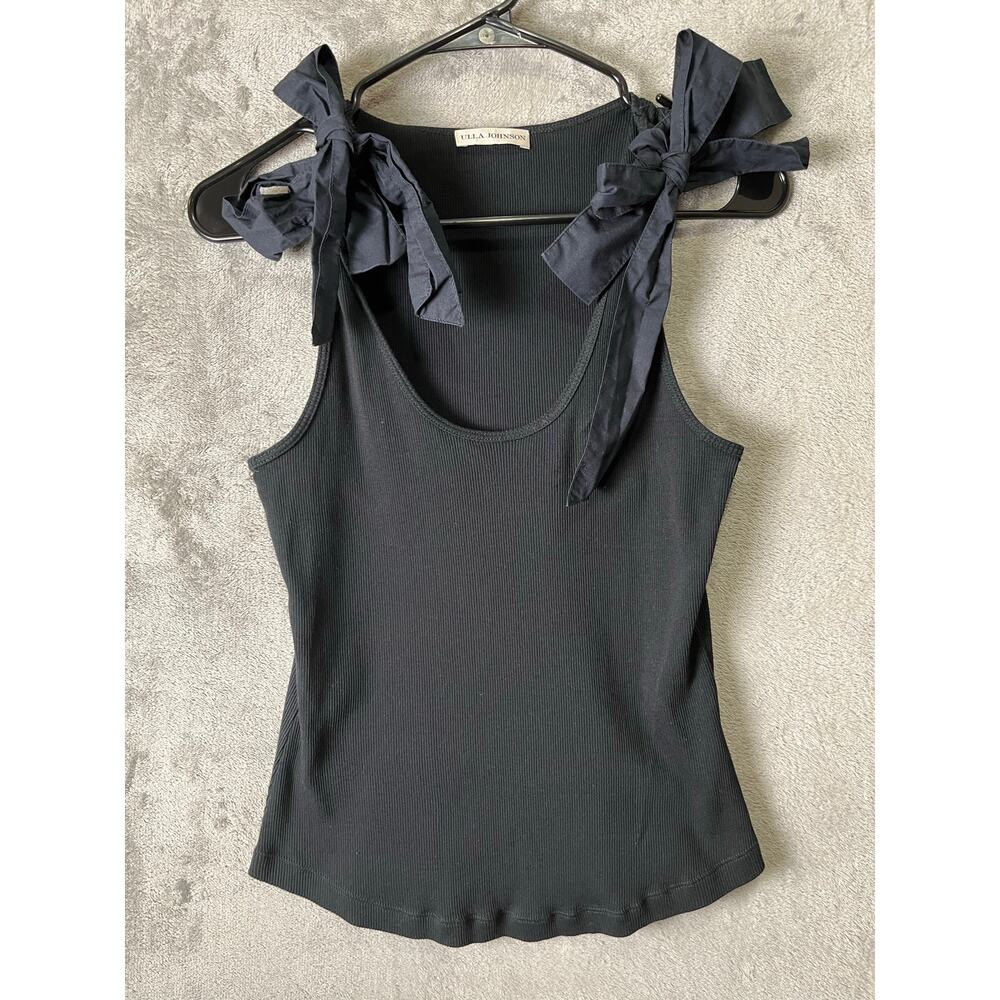 Ulla Johnson Bailey Bow Shoulder Tank Black Ribbed Feminine Minimalist Chic Med